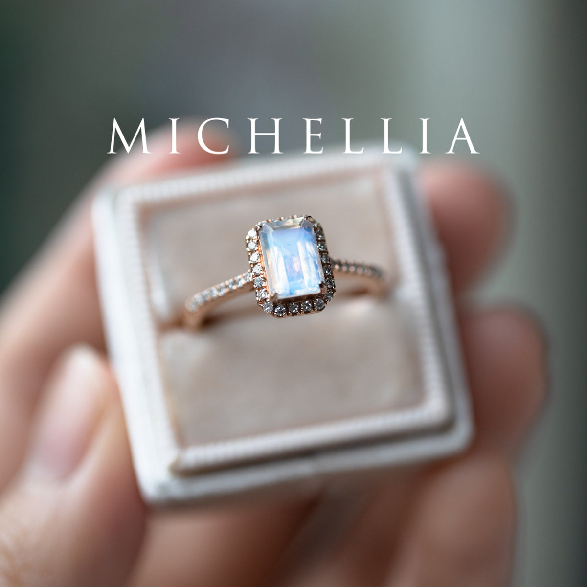 [Kimberly] Emerald Cut Halo Diamond Ring in Moonstone