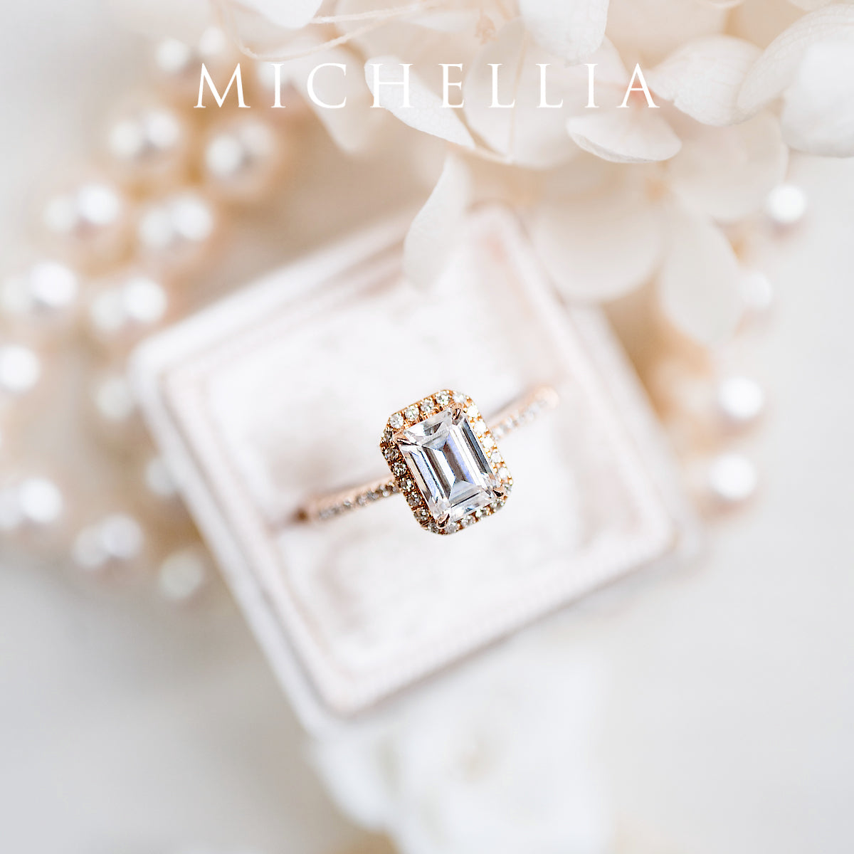 [Kimberly] Halo Diamond Emerald Cut Engagement Ring in Diamond / Moissanite