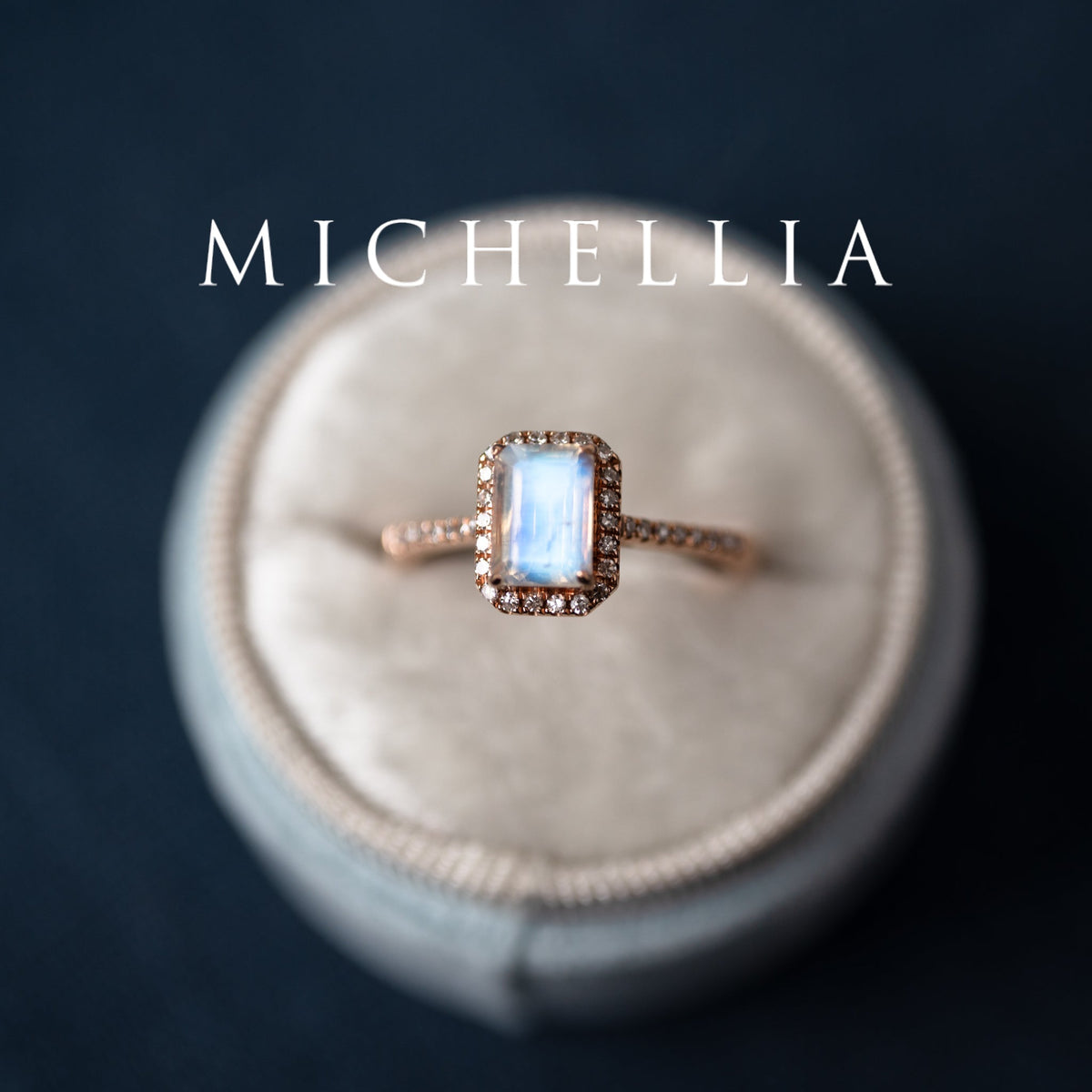 [Kimberly] Emerald Cut Halo Diamond Ring in Moonstone