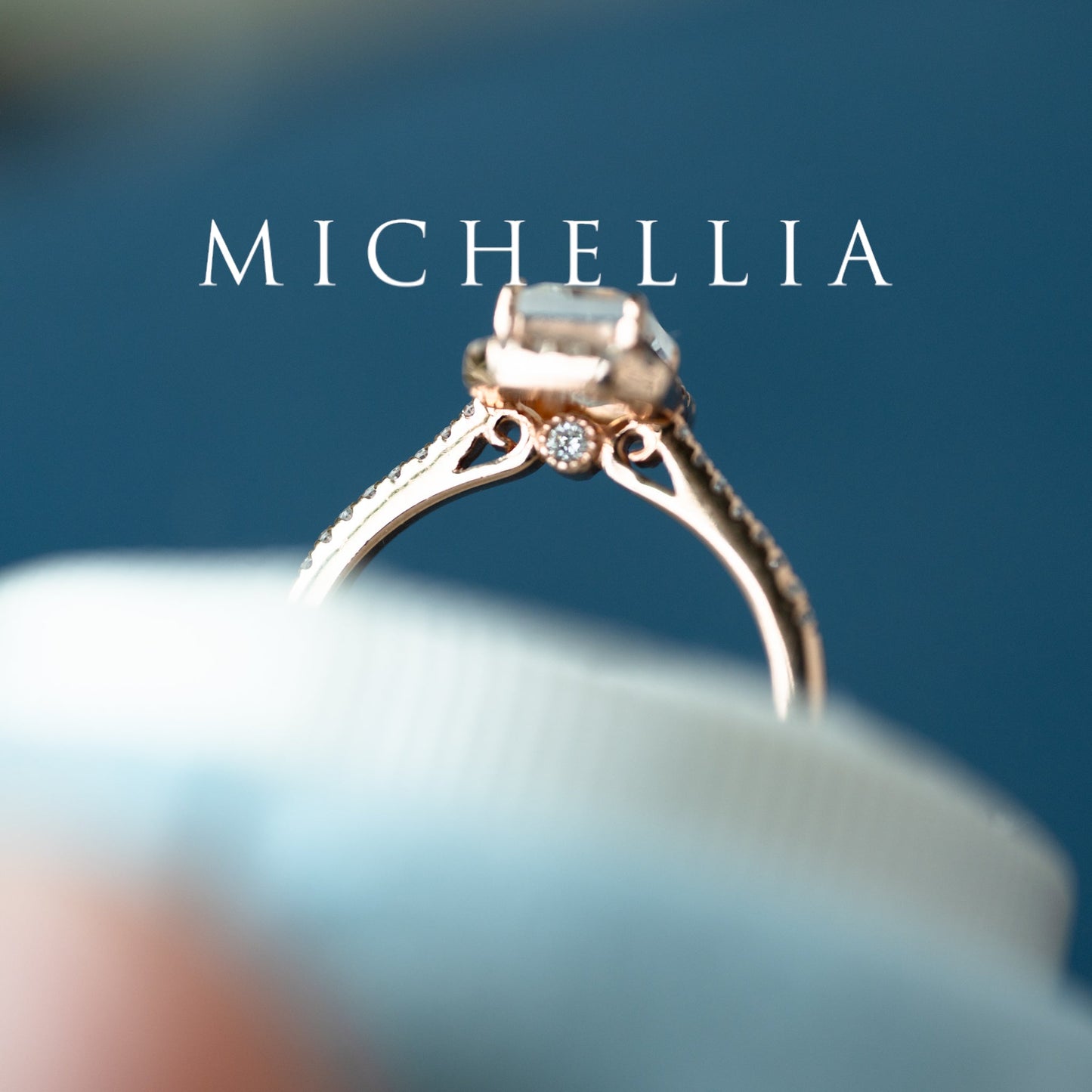 [Kimberly] Emerald Cut Halo Diamond Ring in Moonstone