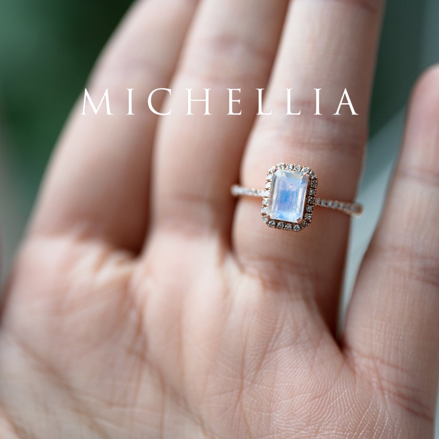 [Kimberly] Emerald Cut Halo Diamond Ring in Moonstone