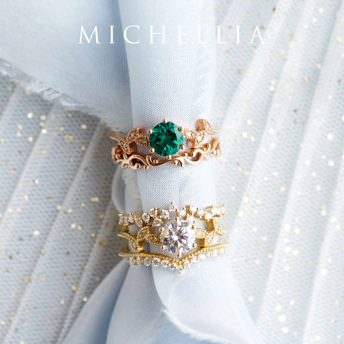 [Dahlia] Petite Floral Engagement Ring in Diamond / Moissanite