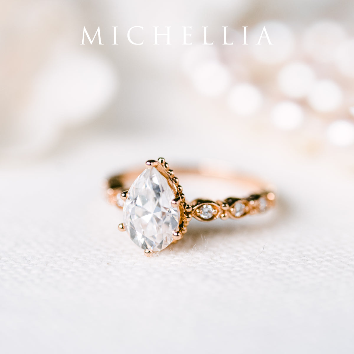 [Emelia] Vintage Classic Crown Pear Cut Engagement Ring in Diamond / Moissanite