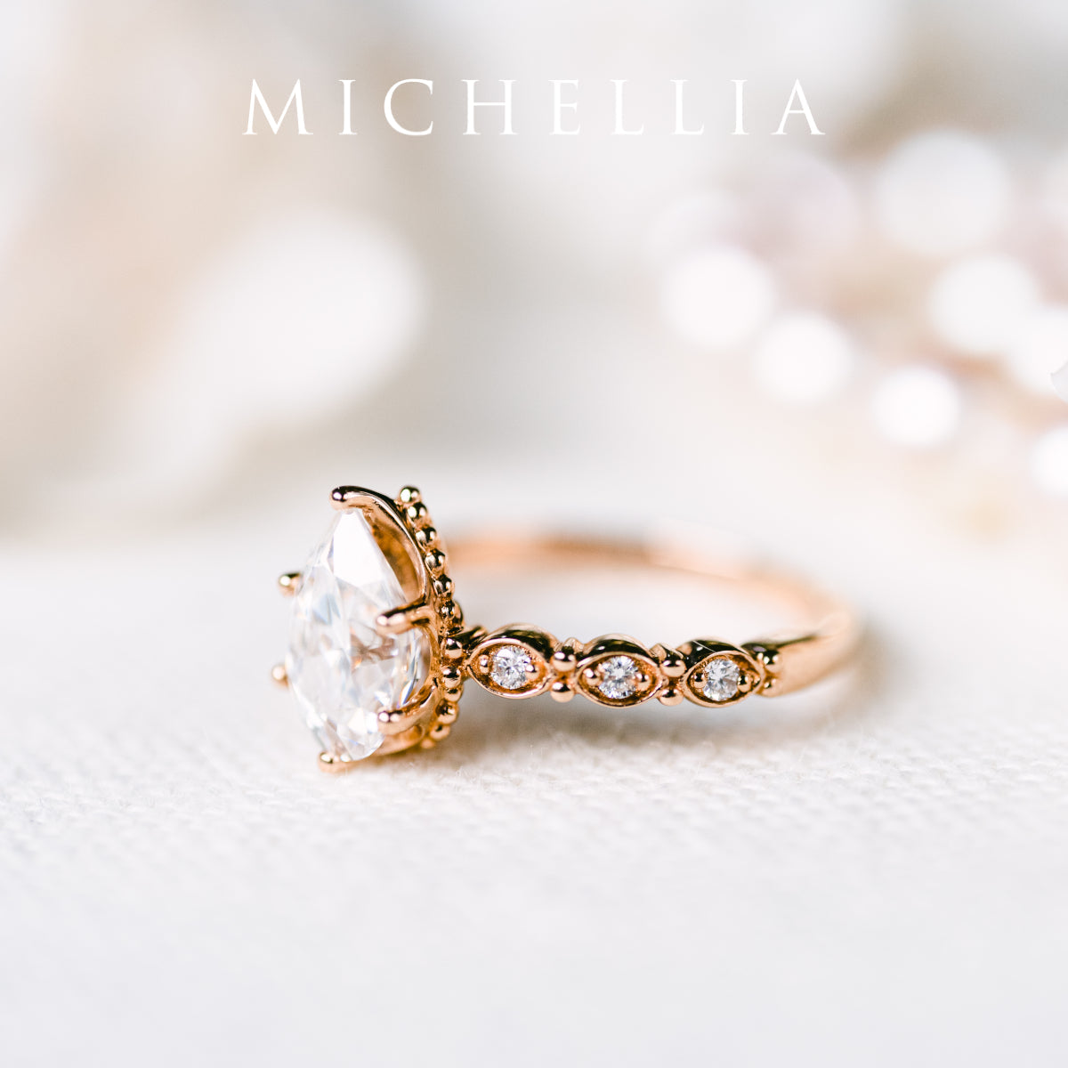 [Emelia] Vintage Classic Crown Pear Cut Engagement Ring in Diamond / Moissanite
