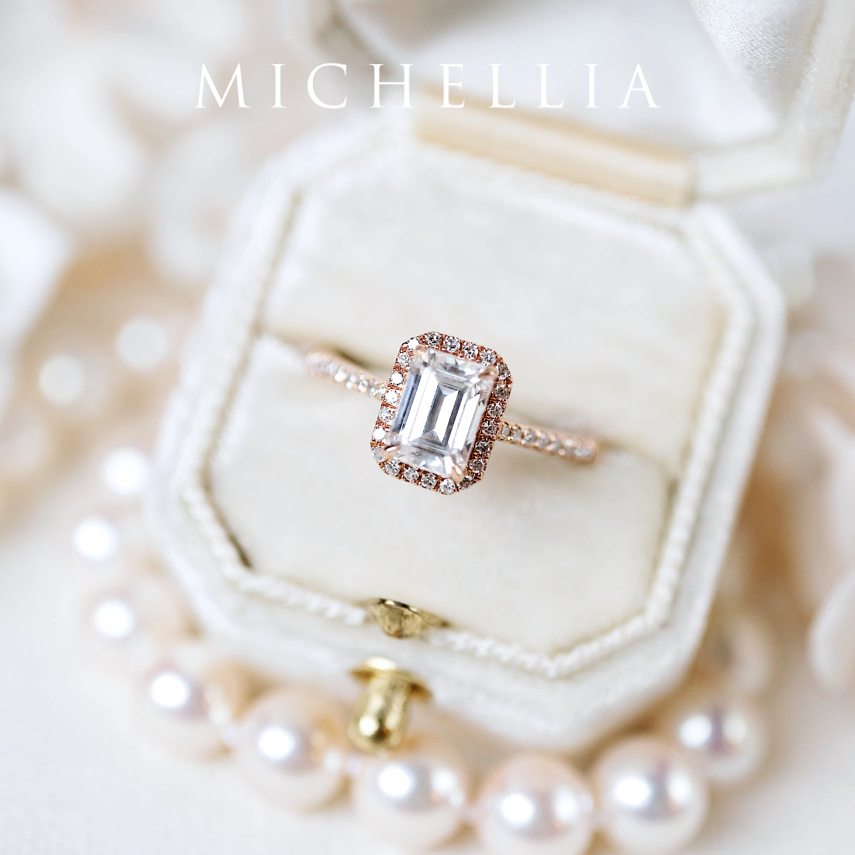 [Kimberly] Emerald Cut Halo Diamond Ring in Moonstone
