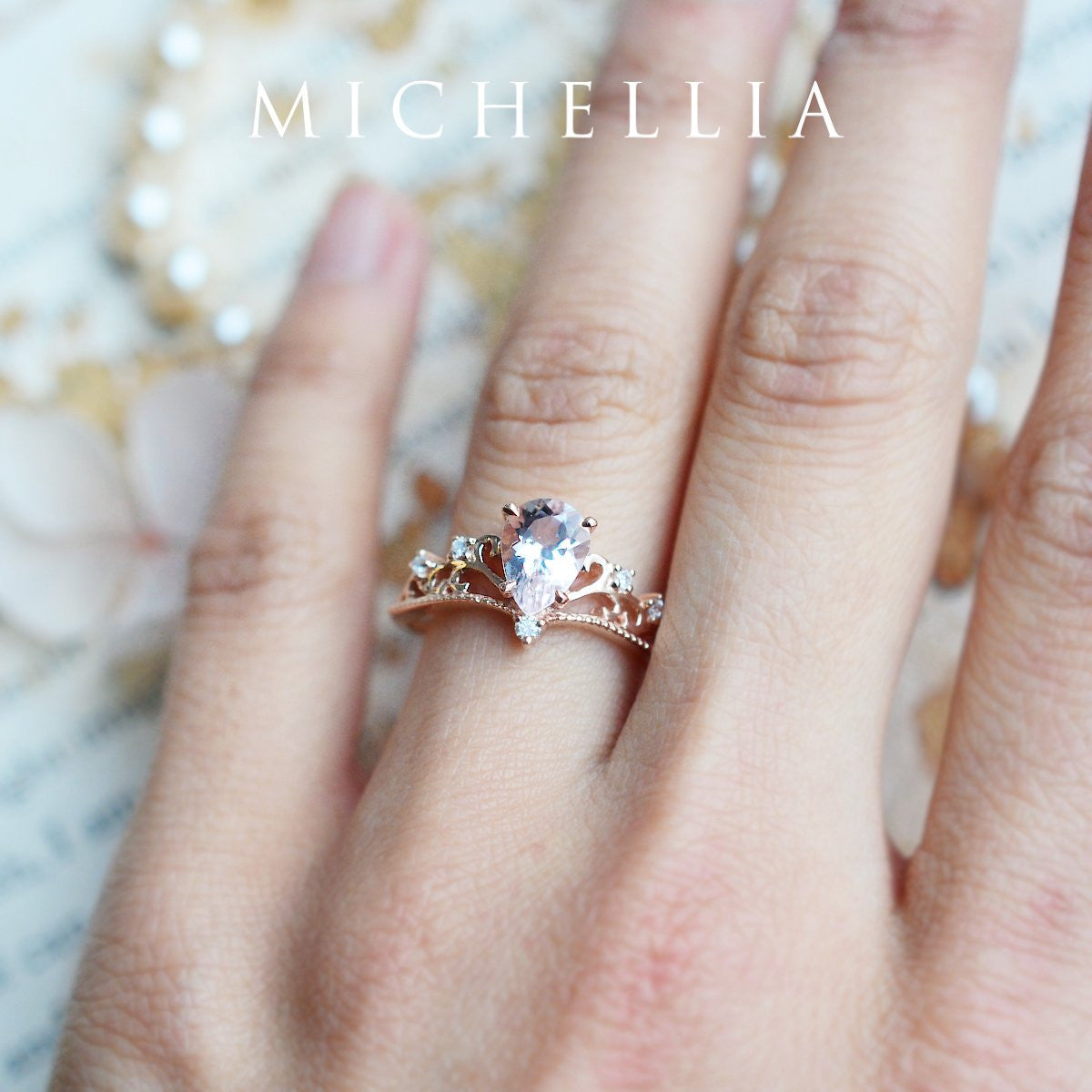 [Veronica] Vintage Crown Pear Engagement Ring in Morganite