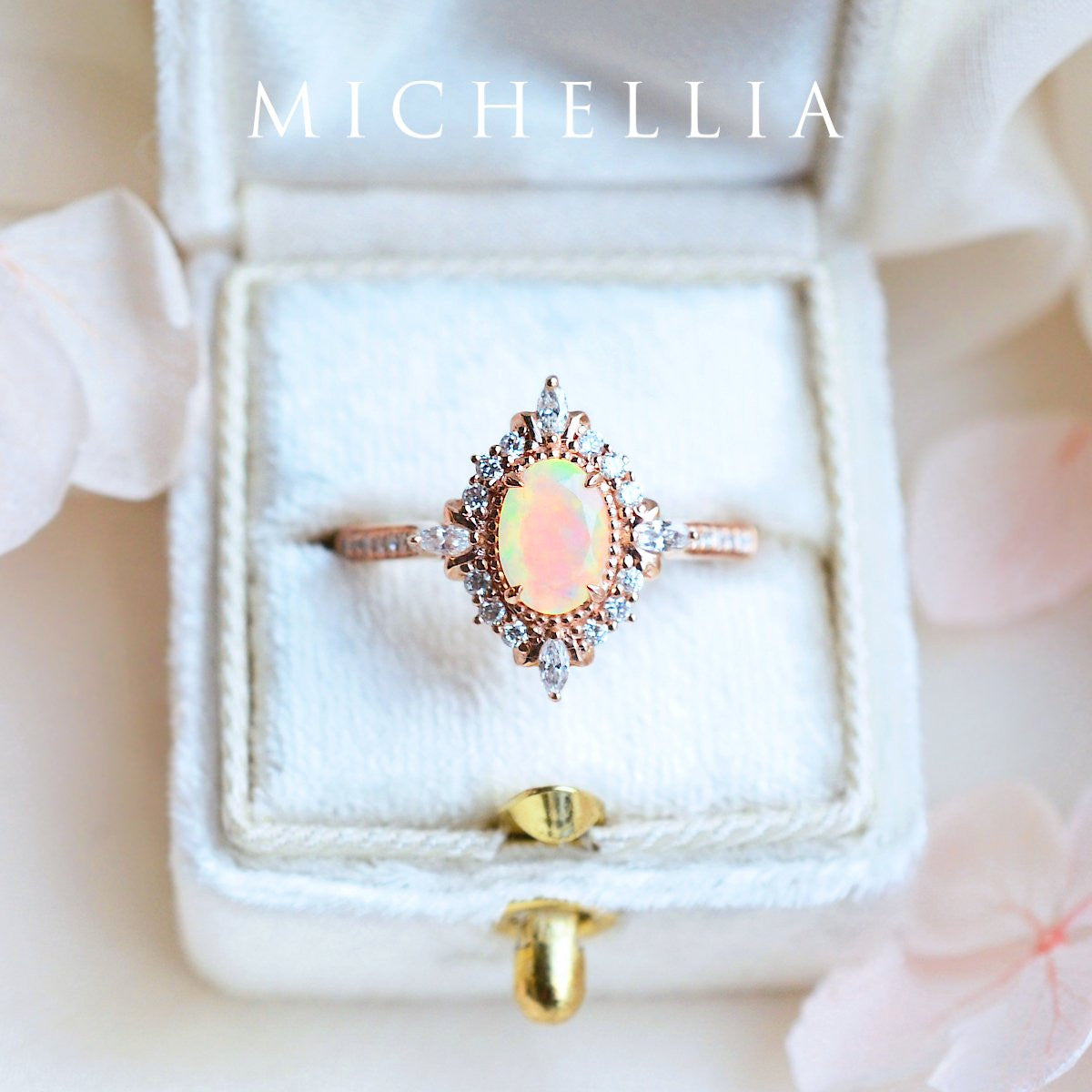 [Alessandra] Art Deco Oval Engagement Ring in Opal