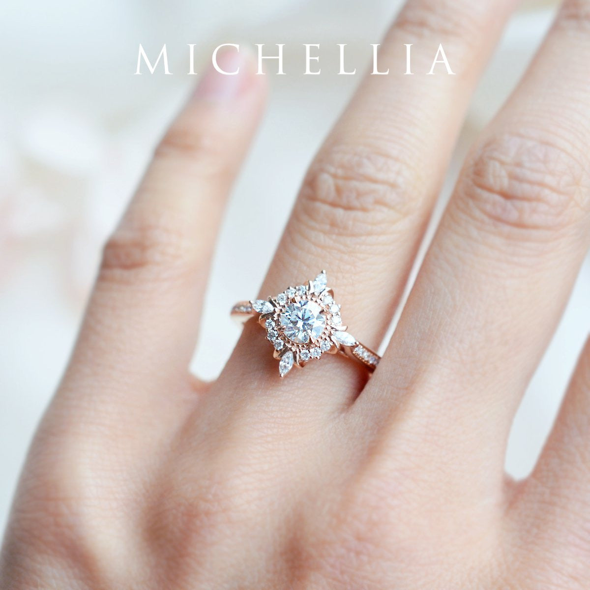 [Astrid] Art Deco Petite Engagement Ring in Diamond / Moissanite