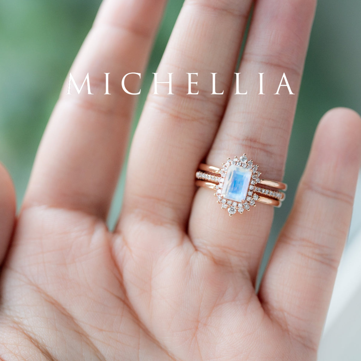 [Kimberly] Emerald Cut Halo Diamond Ring in Moonstone