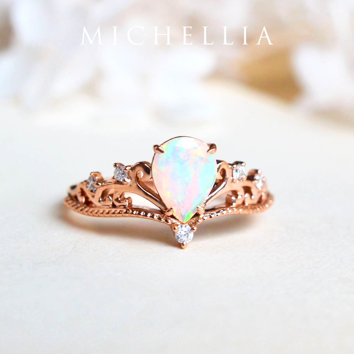 [Veronica] Vintage Crown Pear Engagement Ring in Opal