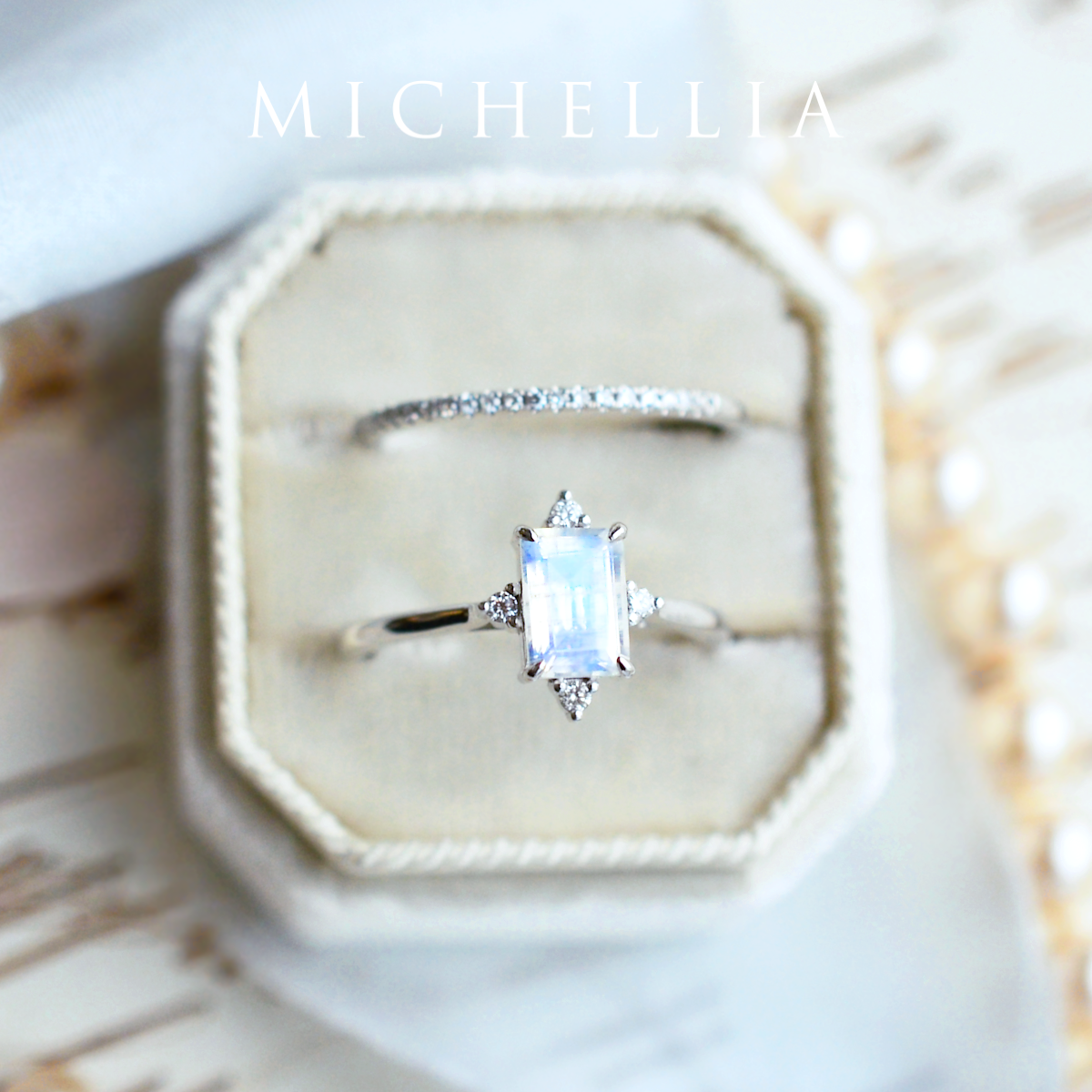 [Justine] Mid Century Emerald Cut Ring in Moonstone