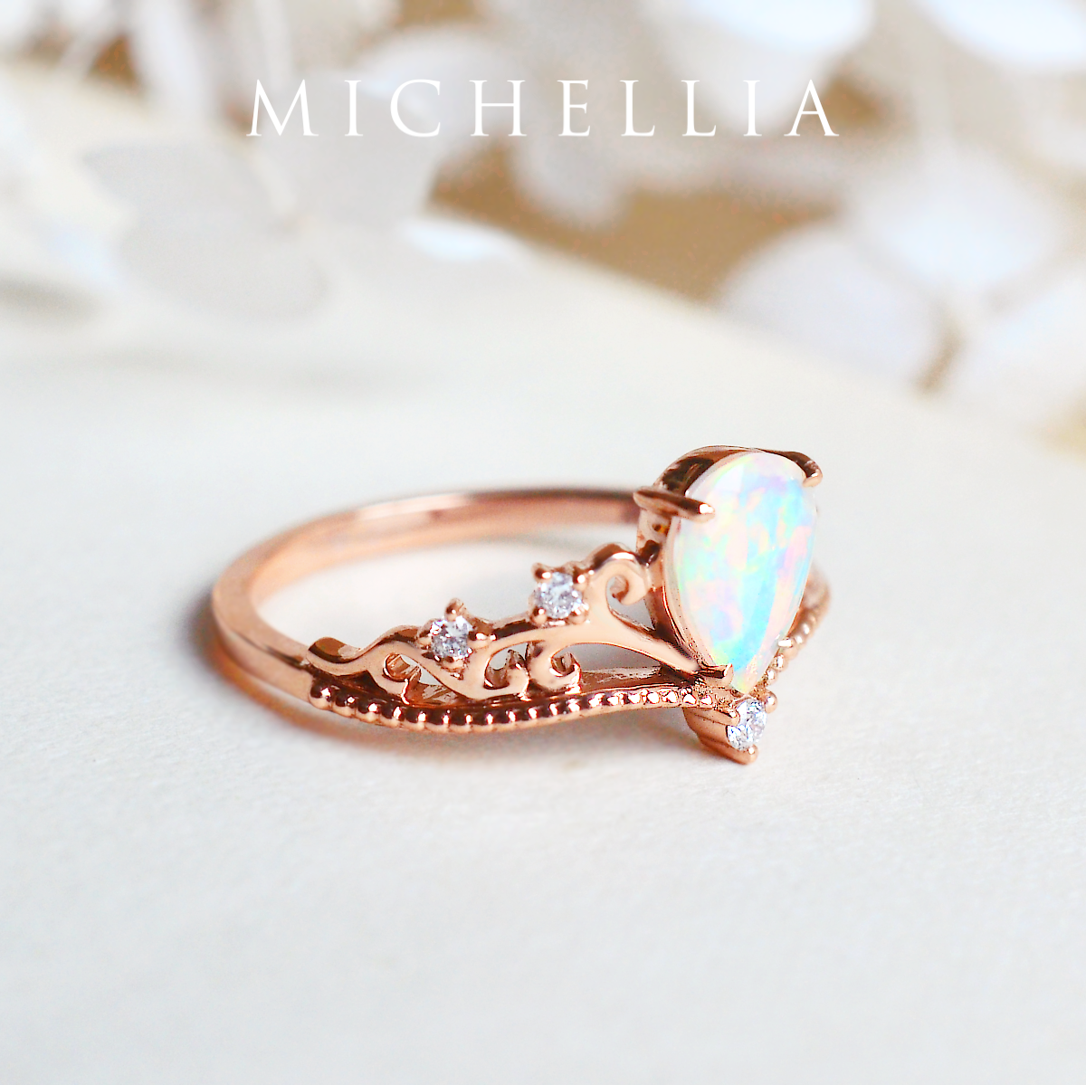 [Veronica] Vintage Crown Pear Engagement Ring in Opal