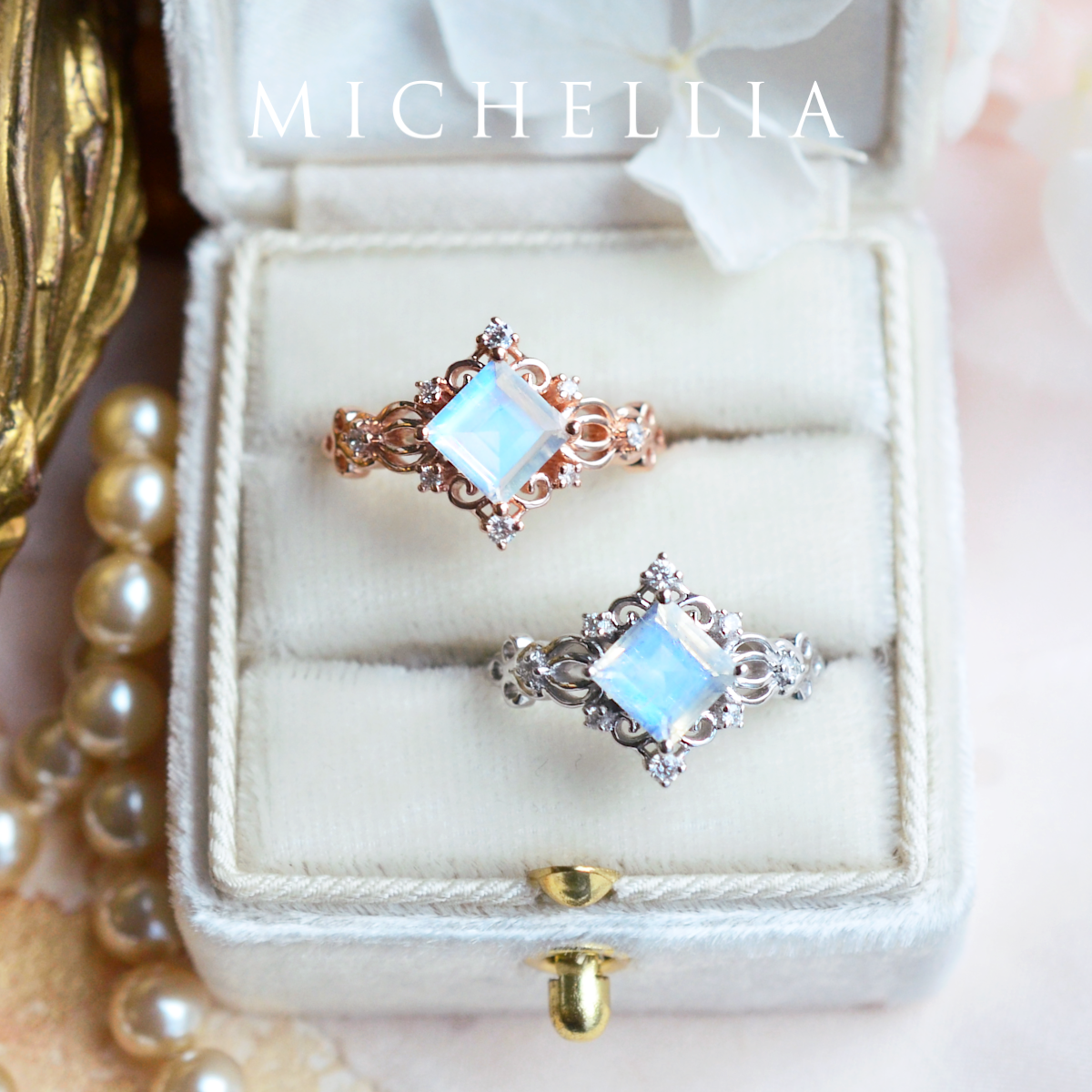 [Elsa] Vintage Square Princess Cut Ring in Moonstone