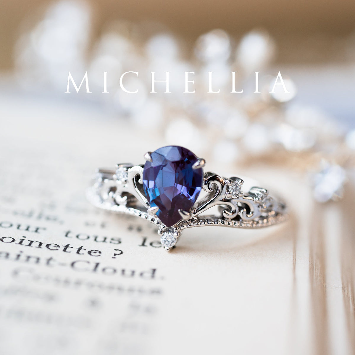 [Veronica] Vintage Crown Pear Cut Ring in Lab Alexandrite