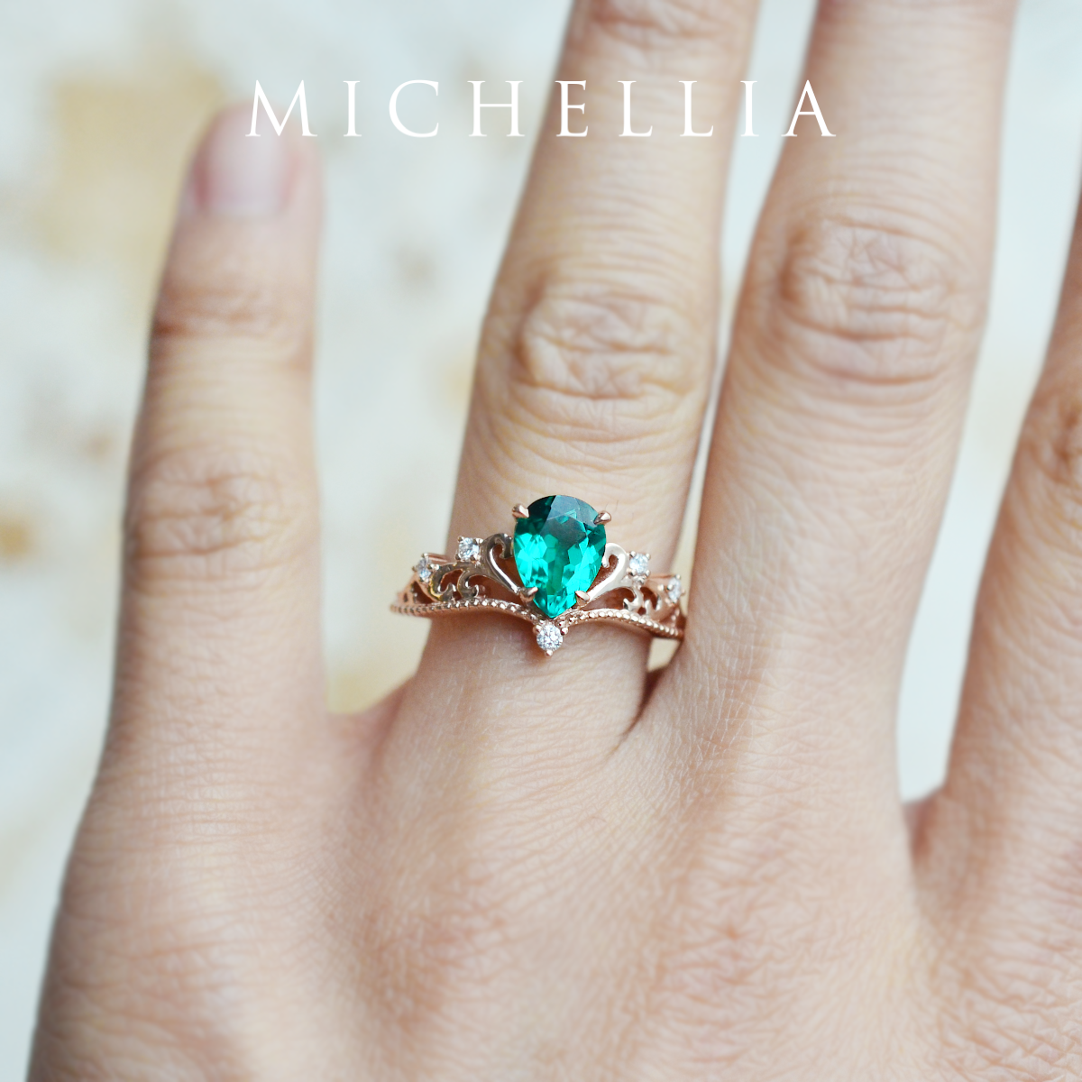 [Veronica] Vintage Crown Pear Cut Ring in Lab Blue Sapphire