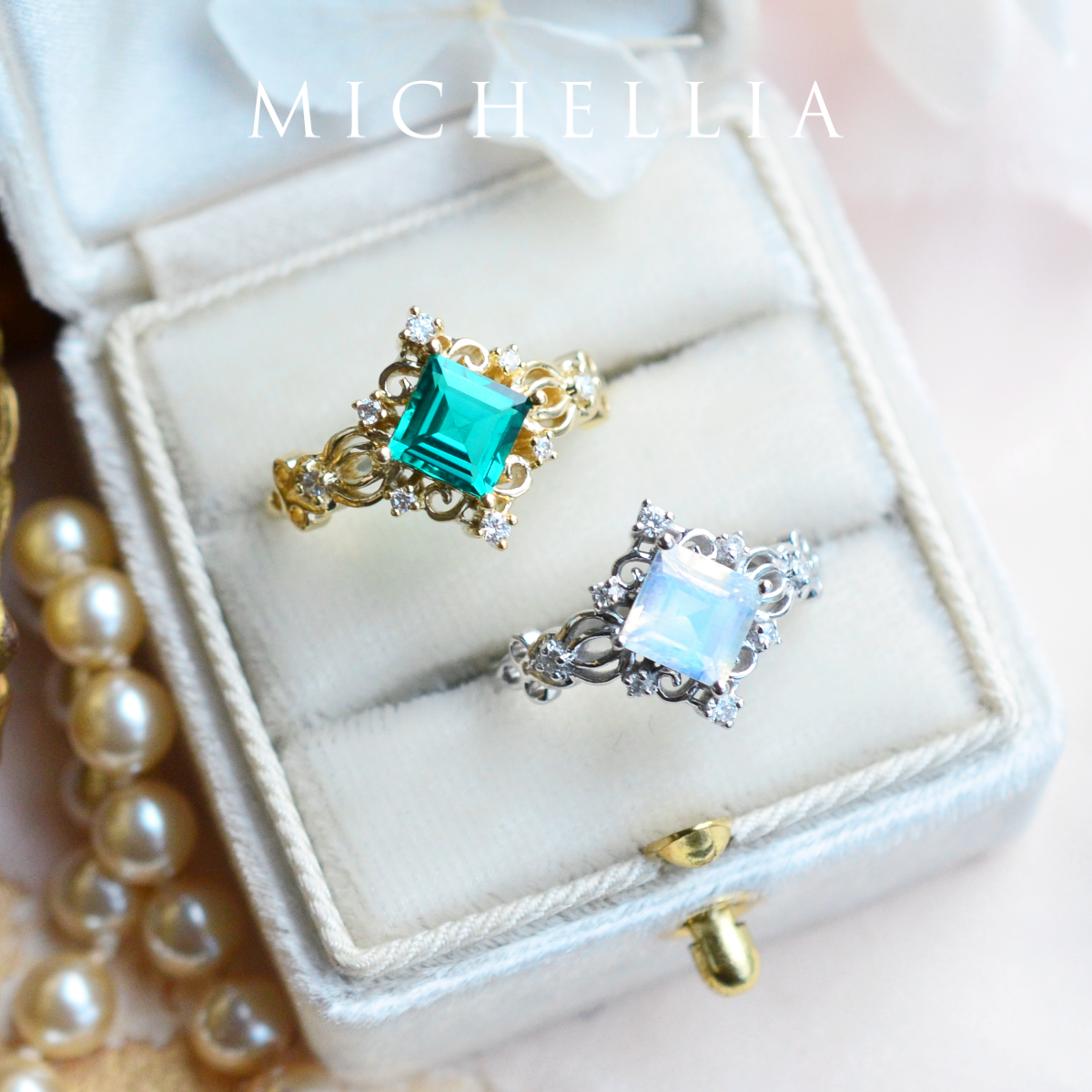 [Anna] Vintage Square Princess Cut Ring in Lab Emerald