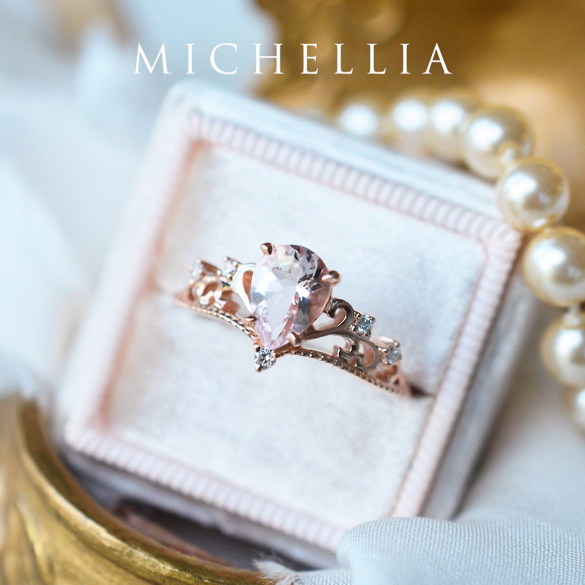 [Veronica] Vintage Crown Pear Engagement Ring in Morganite