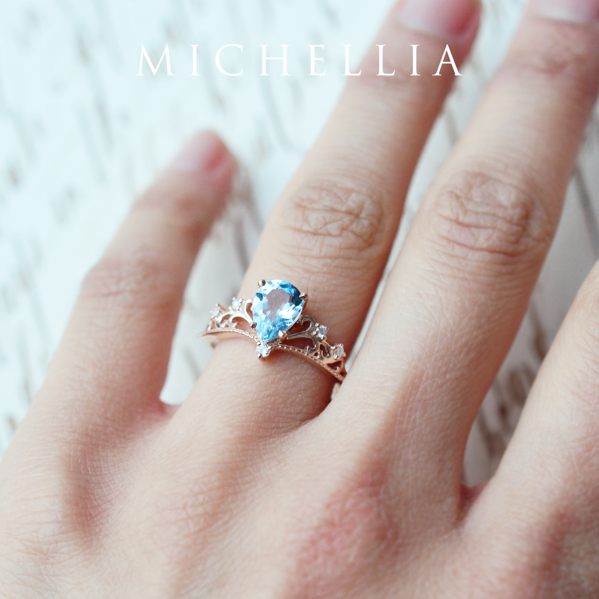 [Veronica] Vintage Crown Pear Engagement Ring in Aquamarine
