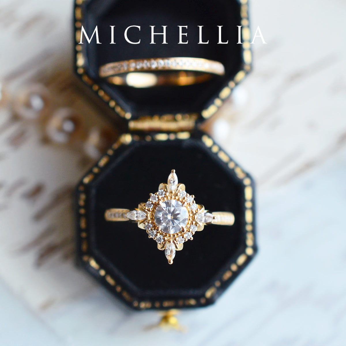 [Astrid] Art Deco Petite Engagement Ring in Diamond / Moissanite