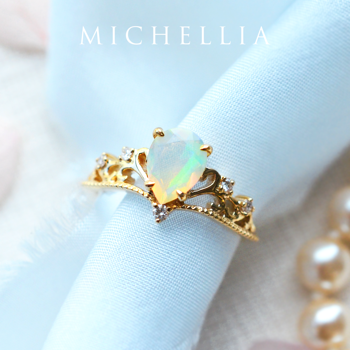 [Veronica] Vintage Crown Pear Engagement Ring in Opal