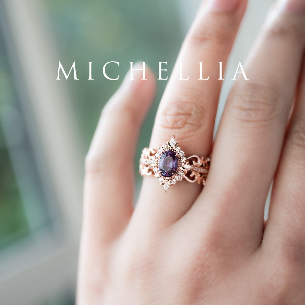 [Alessandra] Art Deco Oval Engagement Ring in Lab Alexandrite