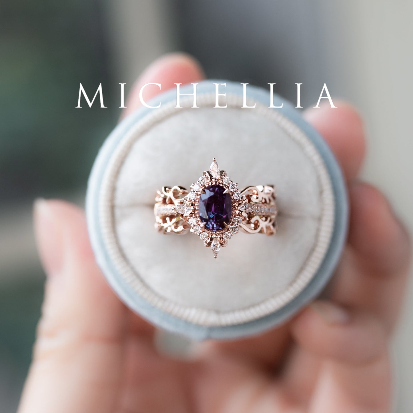[Alessandra] Art Deco Oval Engagement Ring in Lab Alexandrite