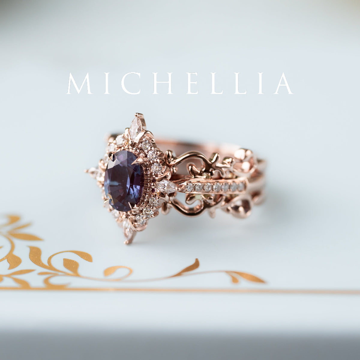[Alessandra] Art Deco Oval Engagement Ring in Lab Alexandrite