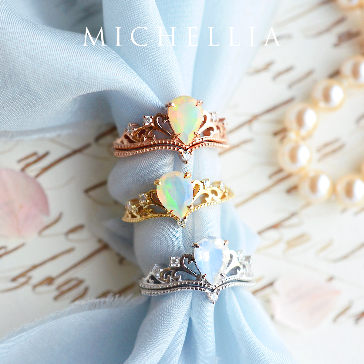 [Veronica] Vintage Crown Pear Enagement Ring in Moonstone