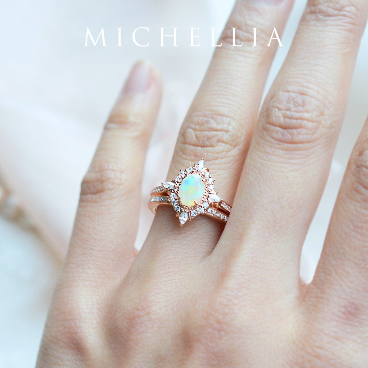[Alessandra] Art Deco Oval Engagement Ring in Opal