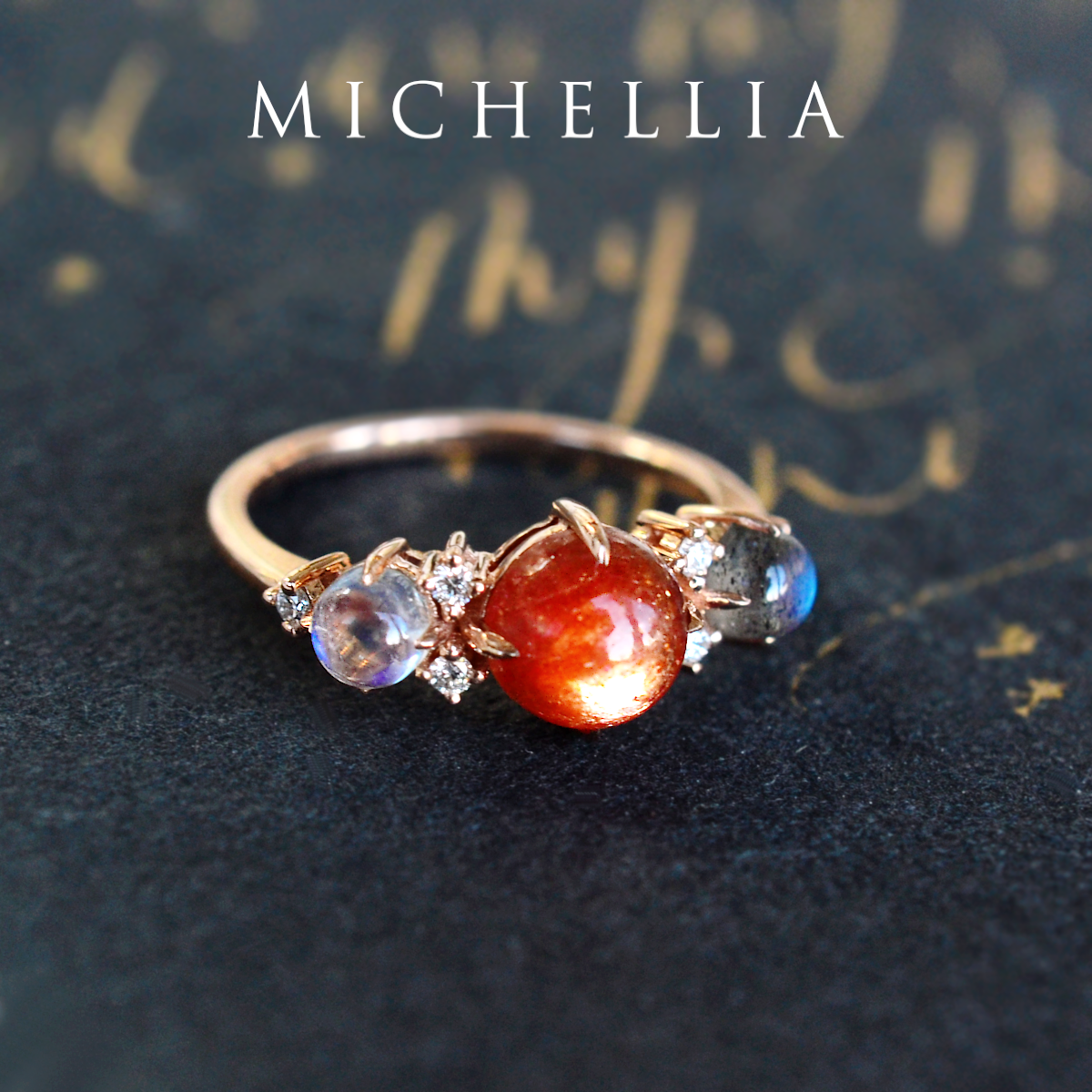 [Celestine] Interstellar Three Stone Ring in Sunstone, Moonstone, and Labradorite