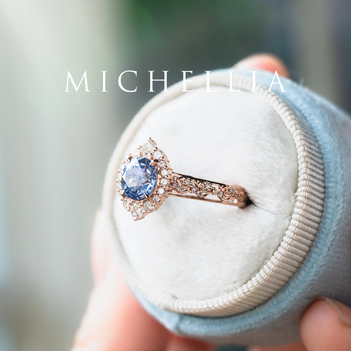 [Ophelia] Periwinkle Light Blue Sapphire Engagement Ring, 14K Rose Gold - One of A Kind