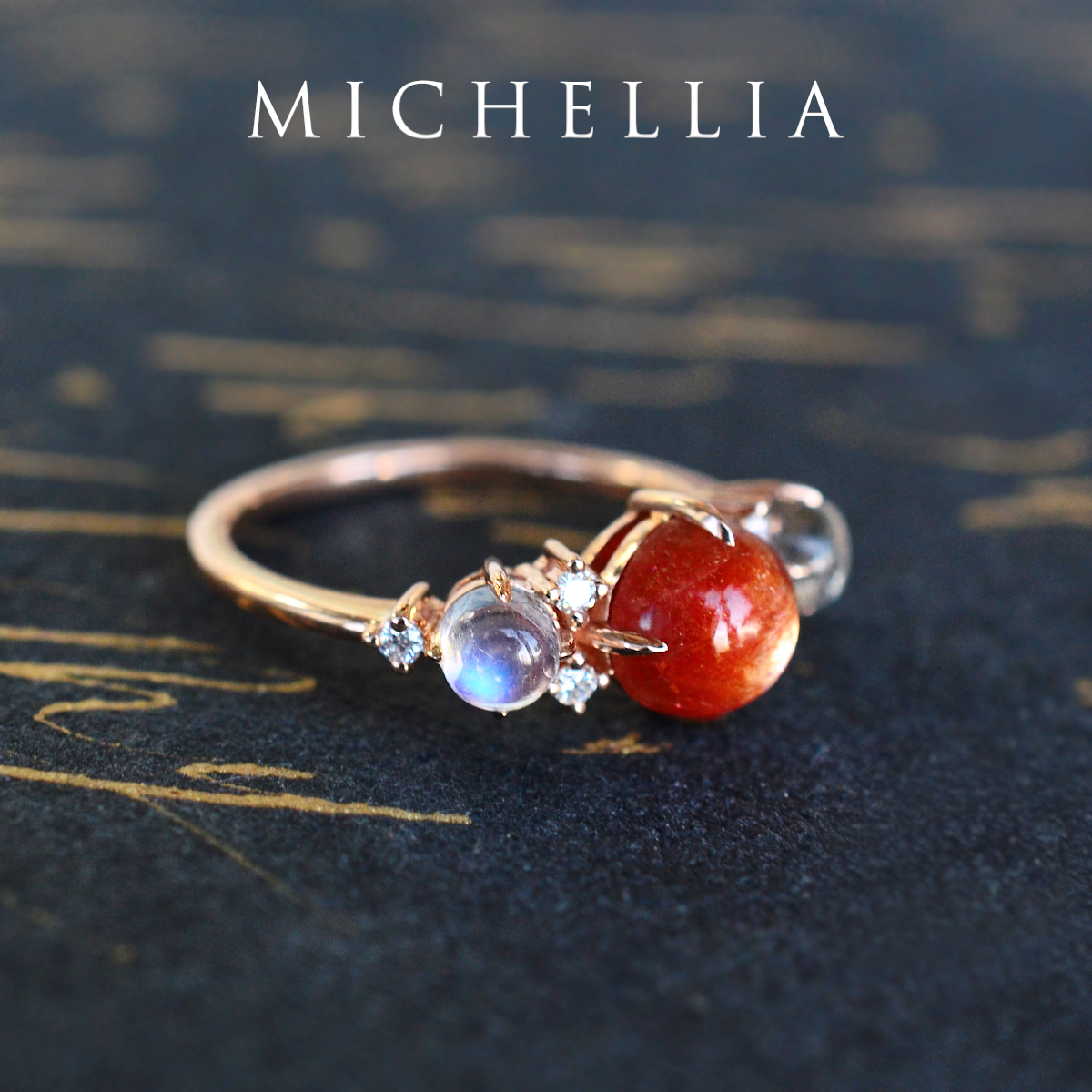[Celestine] Interstellar Three Stone Ring in Sunstone, Moonstone, and Labradorite