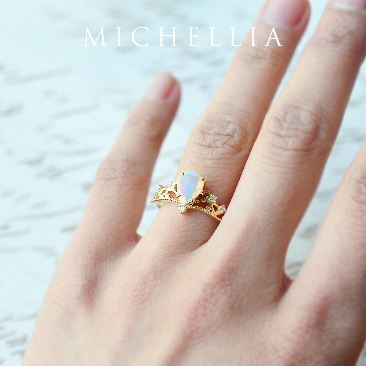 [Veronica] Vintage Crown Pear Engagement Ring in Opal