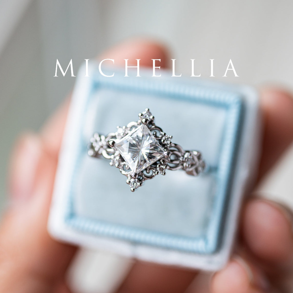 [Elsa] Vintage Square Princess Cut Engagement Ring in Diamond / Moissanite
