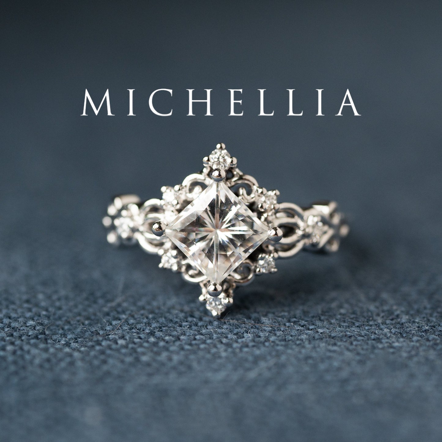 [Elsa] Vintage Square Princess Cut Engagement Ring in Diamond / Moissanite