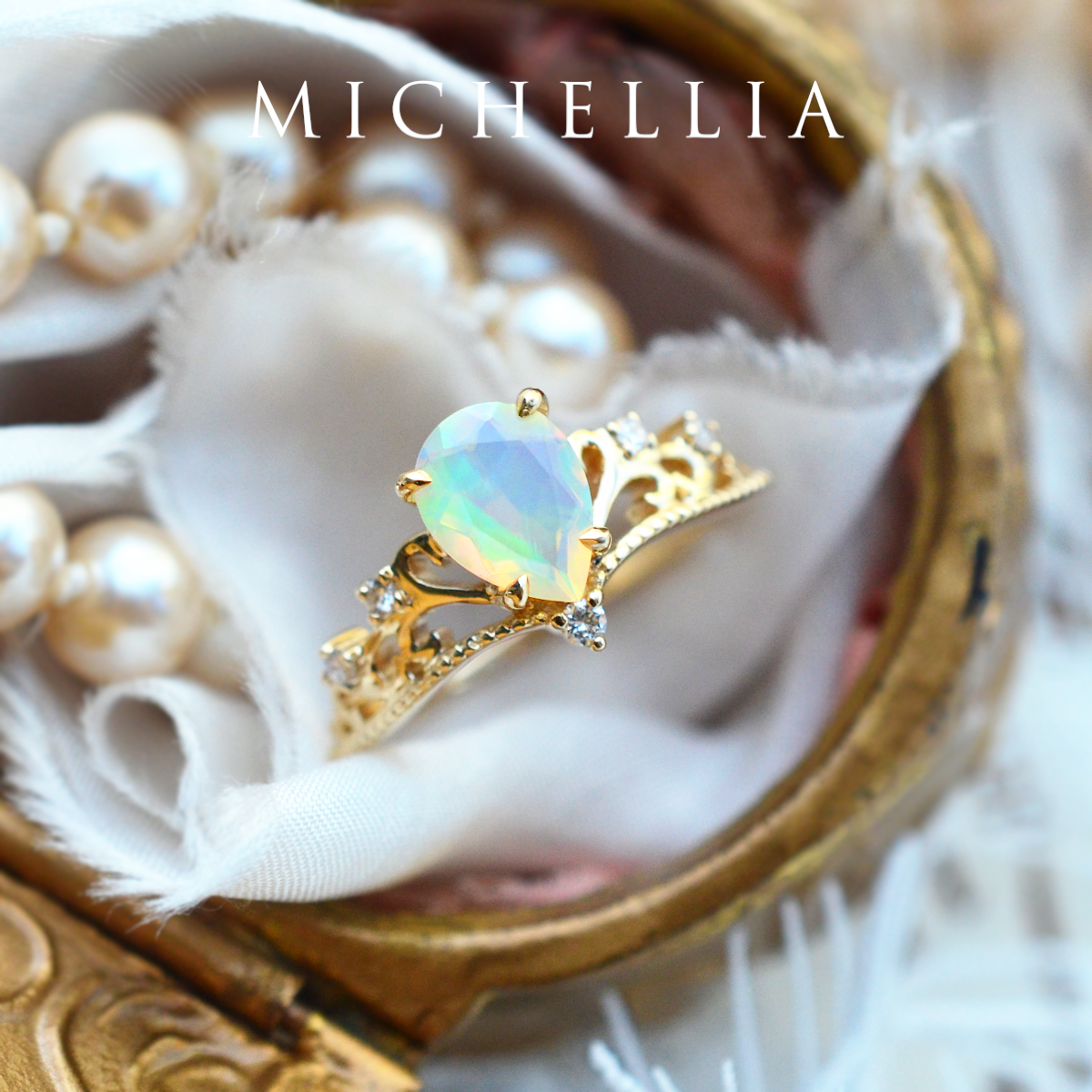 [Veronica] Vintage Crown Pear Engagement Ring in Opal
