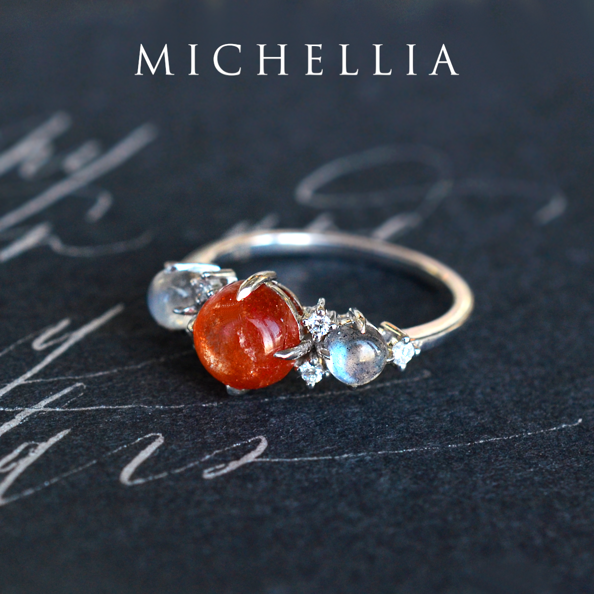 [Celestine] Interstellar Three Stone Ring in Sunstone, Moonstone, and Labradorite