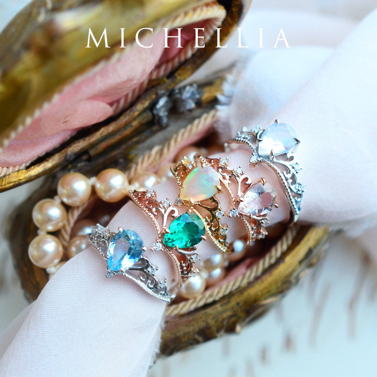 [Veronica] Vintage Crown Pear Engagement Ring in Opal