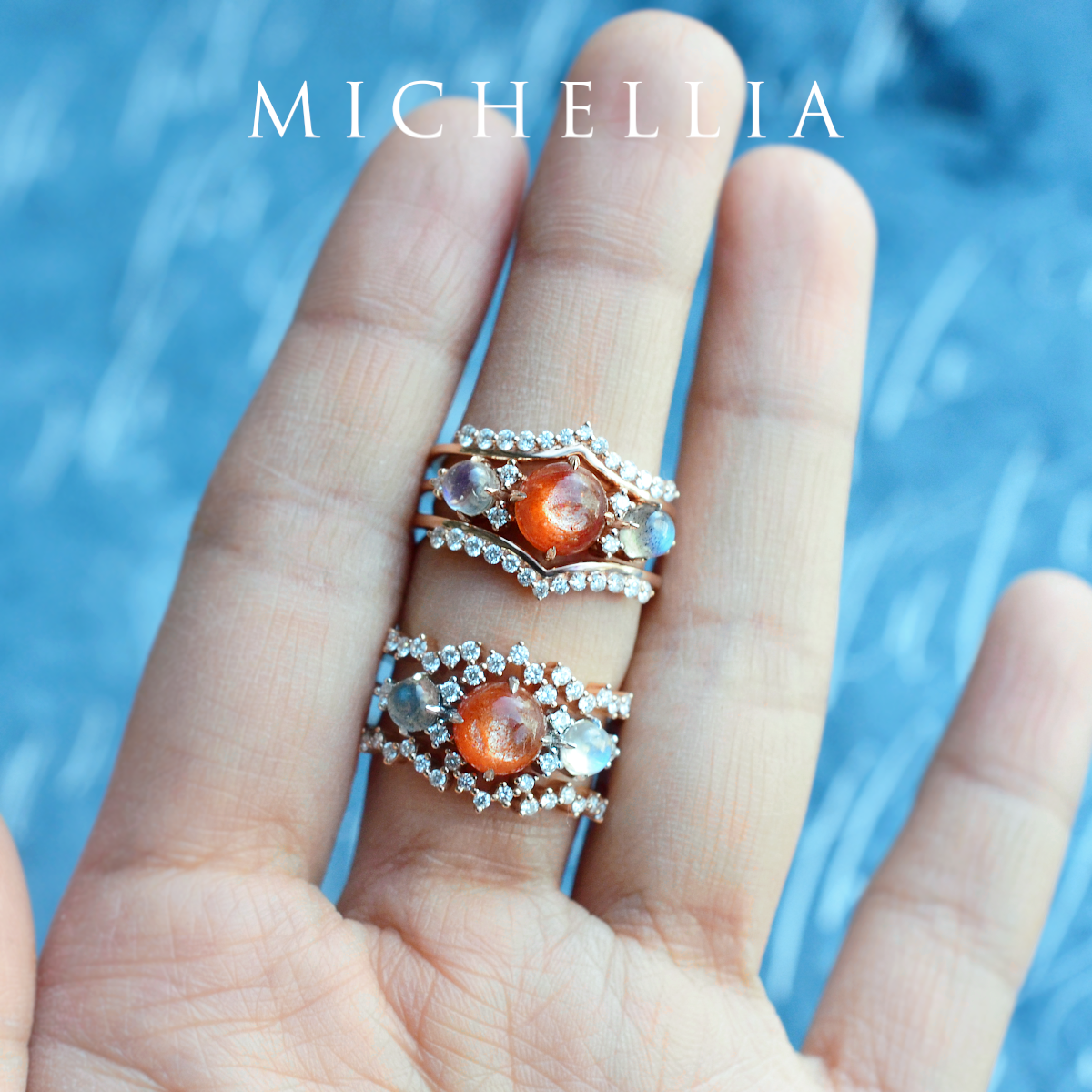 [Celestine] Interstellar Three Stone Ring in Australian Opal, Moonstone, and Labradorite
