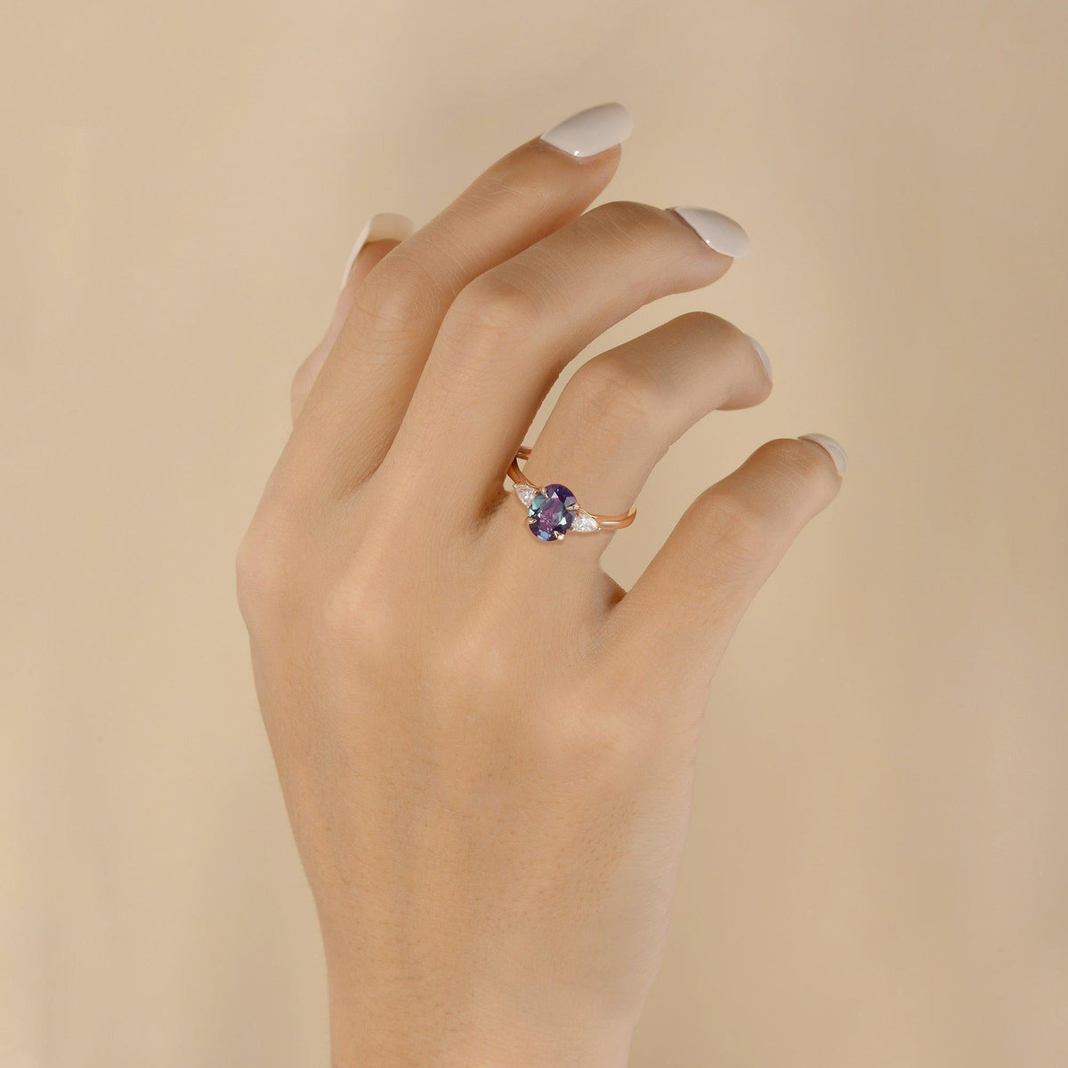 Aurora’s Ember | 1.5CT Oval Alexandrite & Diamond Three-Stone Engagement Ring