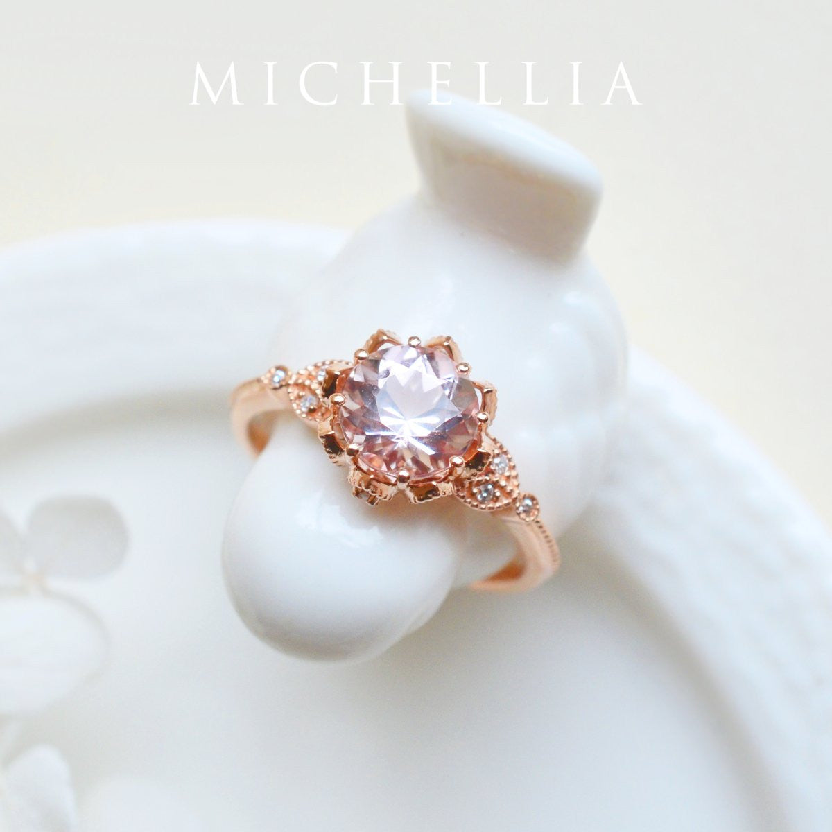 [Evanthe] Vintage Floral Engagement Ring in Morganite