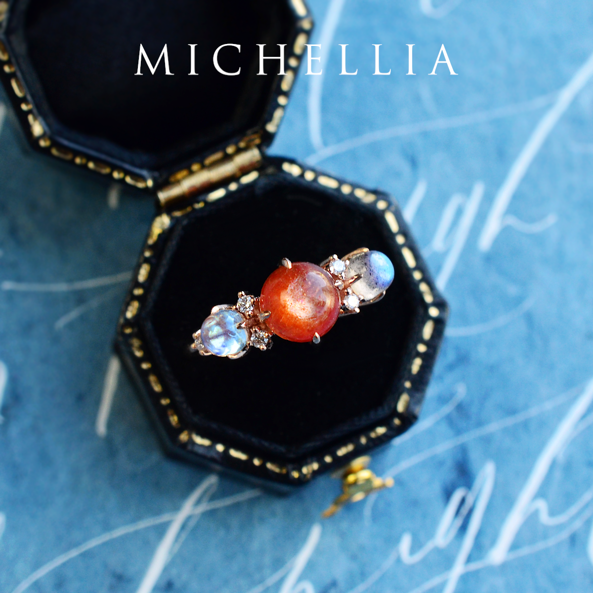 [Celestine] Interstellar Three Stone Ring in Sunstone, Moonstone, and Labradorite