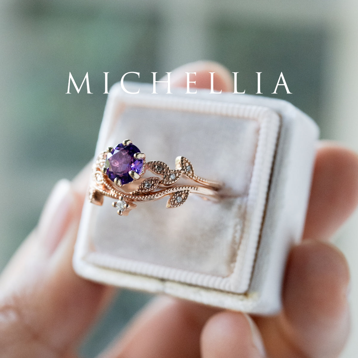 [Dahlia] Petite Floral Engagement Ring in Emerald