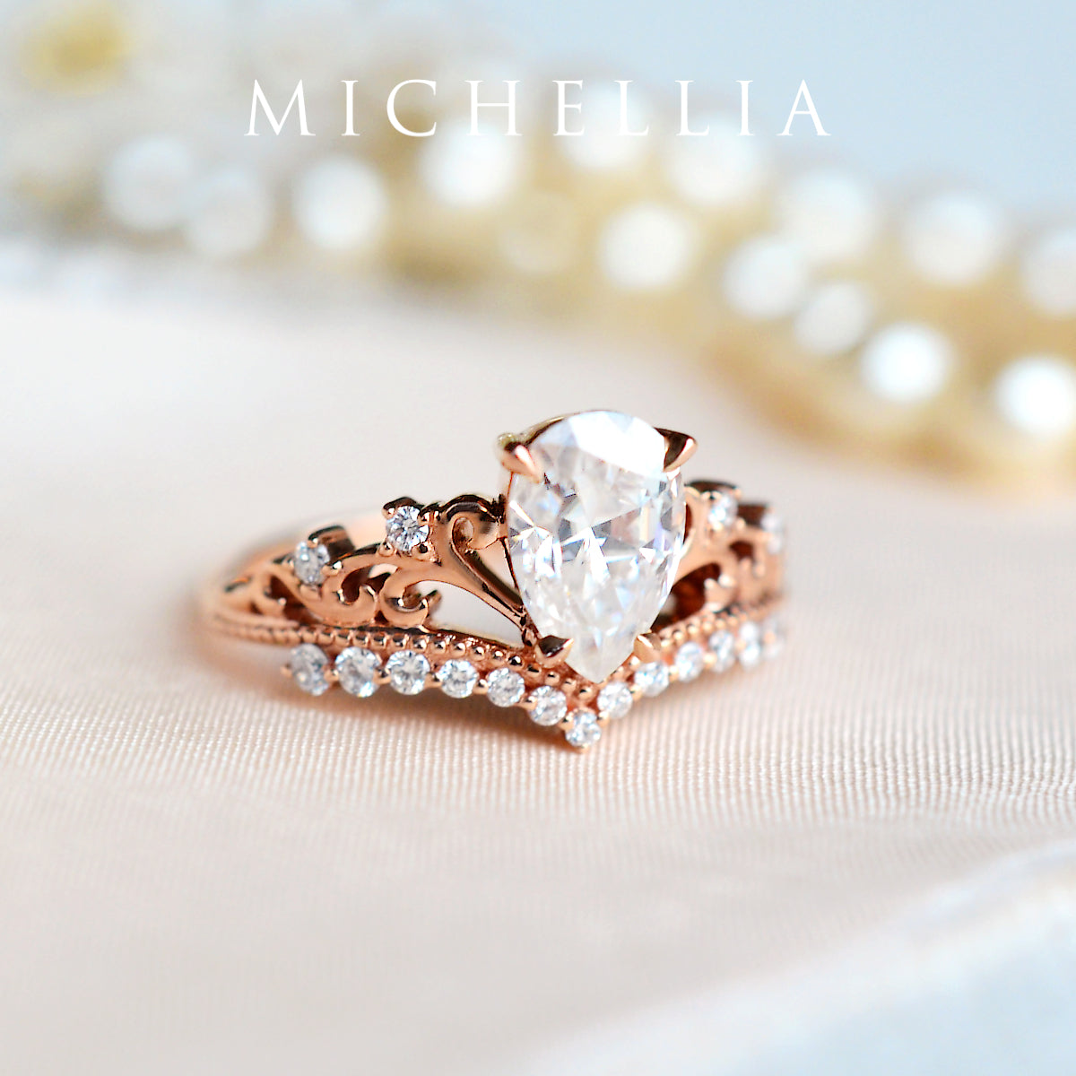 [Francesca] Heirloom Crown Pear Cut Engagement Ring in Diamond / Moissanite