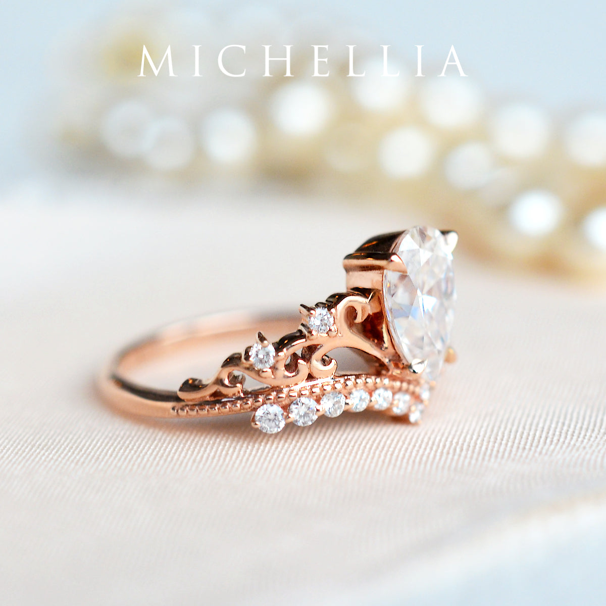 [Francesca] Heirloom Crown Pear Cut Engagement Ring in Diamond / Moissanite