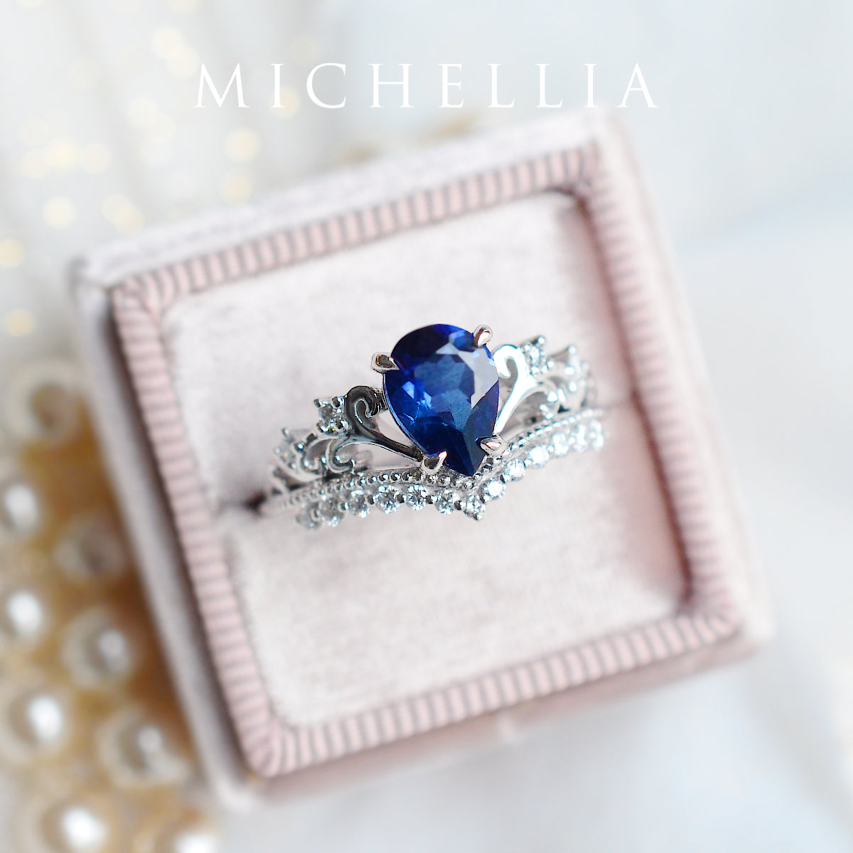 [Francesca] Heirloom Crown Pear Engagement Ring in Blue Sapphire
