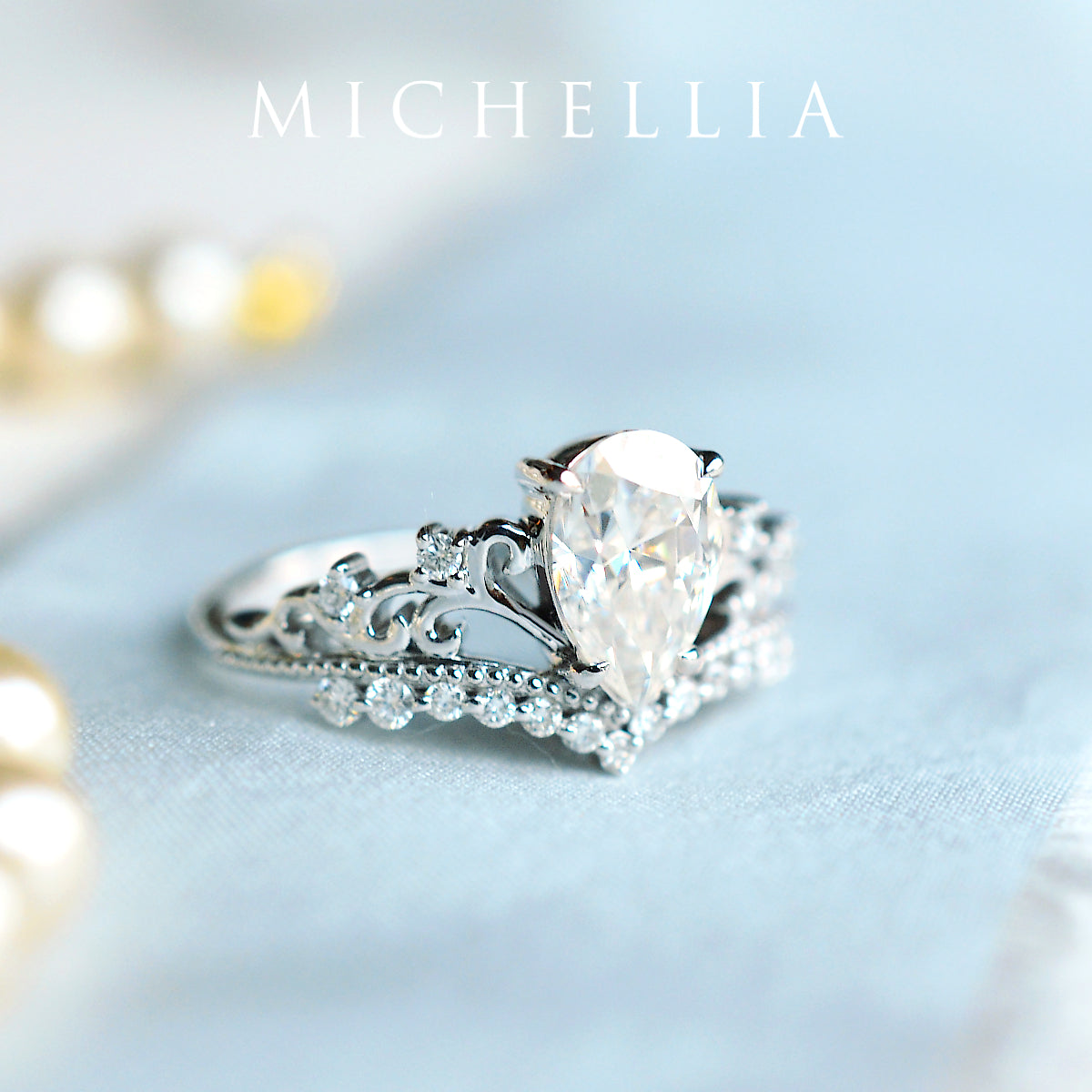 [Francesca] Heirloom Crown Pear Cut Engagement Ring in Diamond / Moissanite