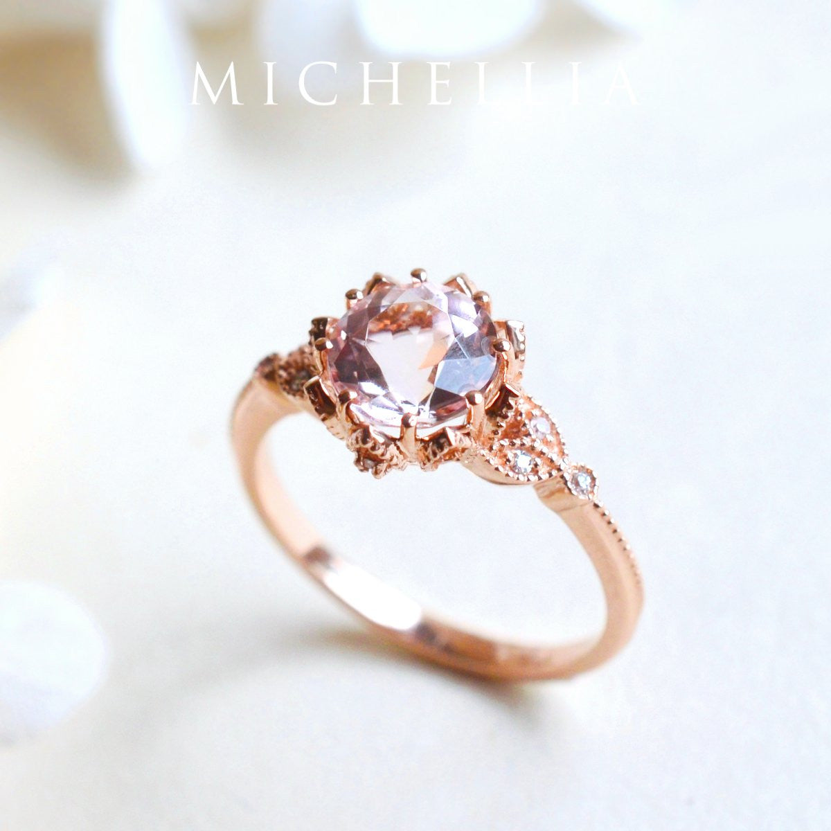 [Evanthe] Vintage Floral Engagement Ring in Morganite