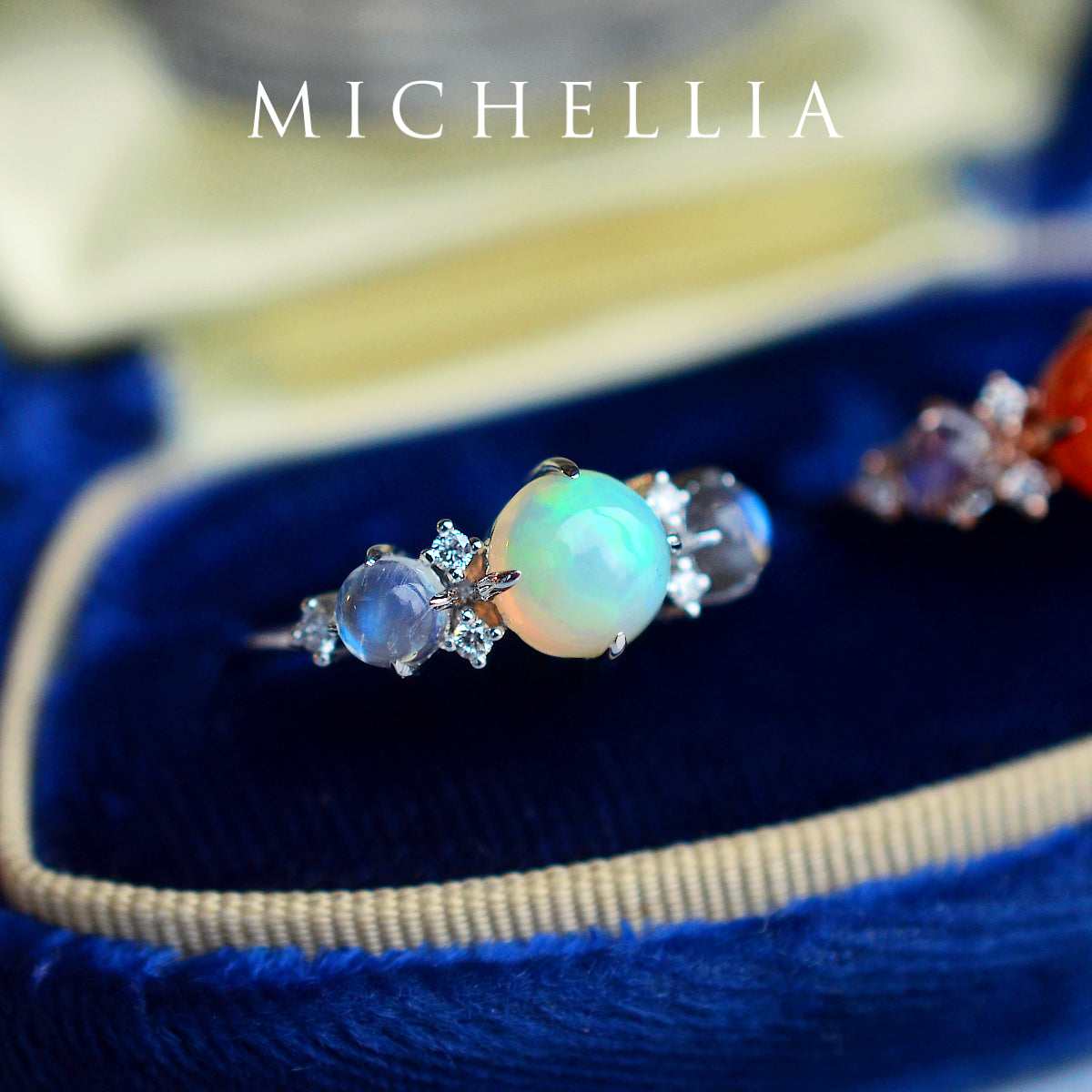 [Celestine] Interstellar Three Stone Ring in Australian Opal, Moonstone, and Labradorite