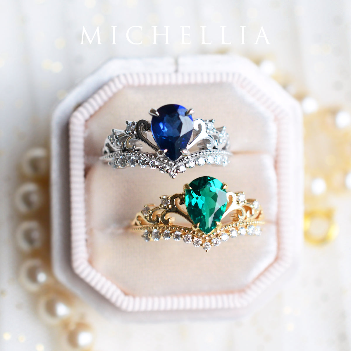 [Francesca] Heirloom Crown Pear Engagement Ring in Emerald